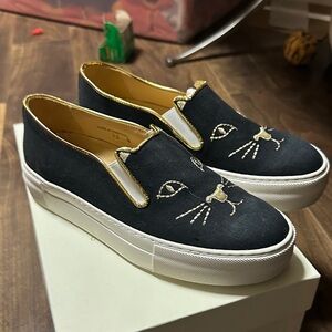 Charlotte Olympia Black and Gold Cat Sneakers